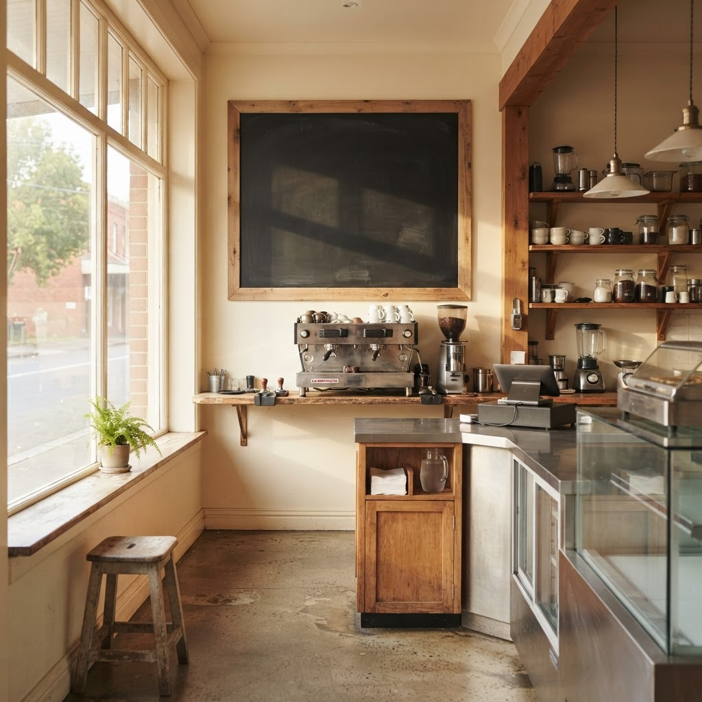 Warm and welcoming takeaway shop counter interior with wooden tones