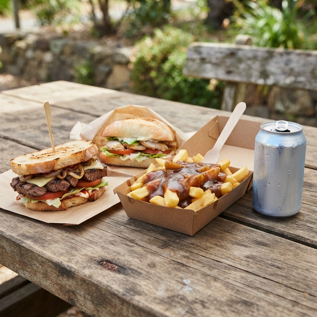 A spread of takeaway lunch food including a steak sandwich, filled roll and hot chips